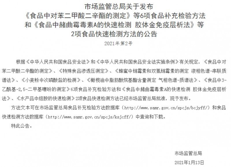 市場(chǎng)監(jiān)管總局發(fā)布6項(xiàng)食品補(bǔ)充檢驗(yàn)方法
