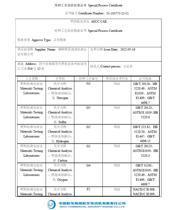 鋼研納克成都檢測(cè)認(rèn)證有限公司獲頒中國(guó)航發(fā)商發(fā)特種工藝資質(zhì)證書(shū)